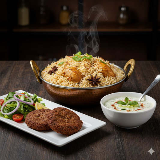 Chicken Pulao with Shami Kabab + Salad, Raita